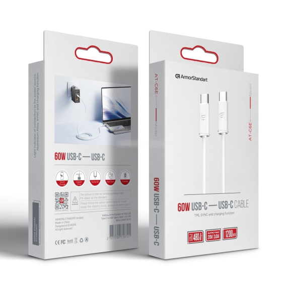 Кабель ArmorStandart AT-C6E USB Type-C to USB Type-C 60W 1.2m TPE White