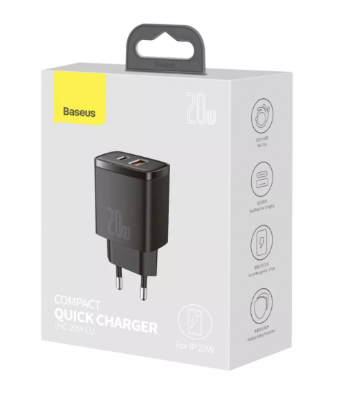 Зарядний пристрій Baseus Compact Quick Charger 20W QC+PD (Type-C+USB) Black